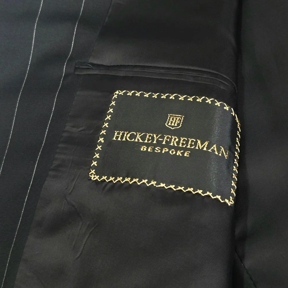Hickey Freeman Loro Piana Black Pinstripe Tasmanian Wool Black‎  Mens 45R Blazer